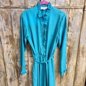 Vintage 1980s Don Sophistocates Charlotte Ford Teal Ruffled Long Sleeve Dress